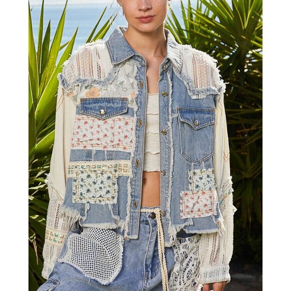 POL Women's Denim Oversized Patchwork Jacket Size Small - Picture 1 of 3